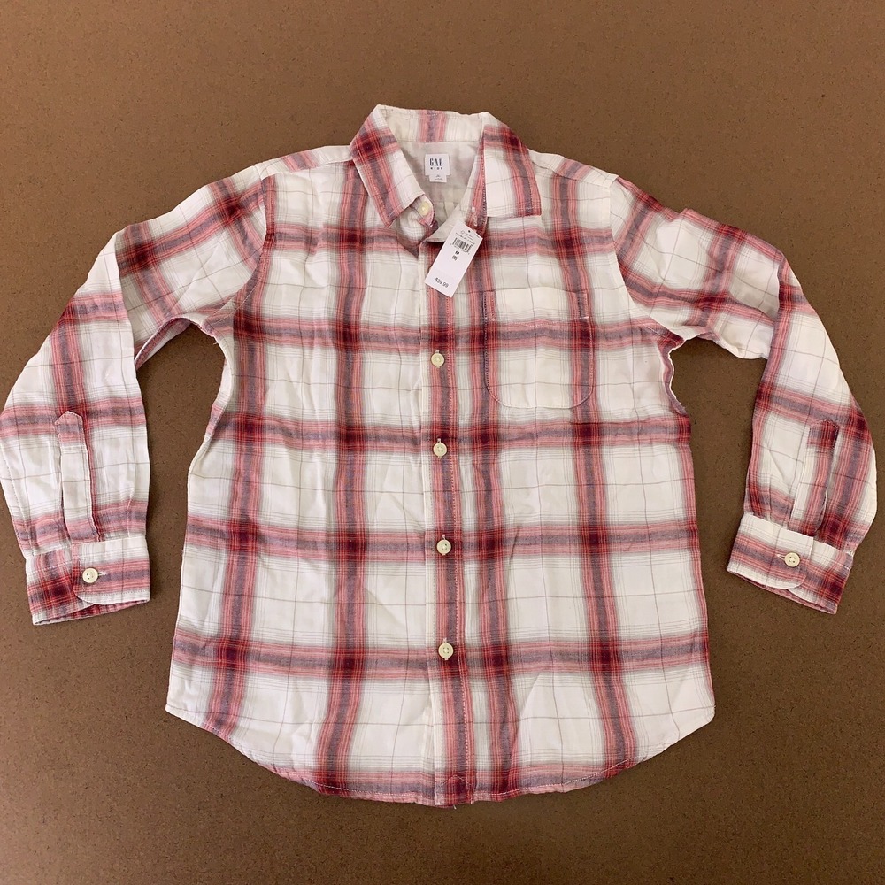 GAPKids Boys Size Medium (8) White Red Plaid Long Sleeve Button Front Shirt NWT